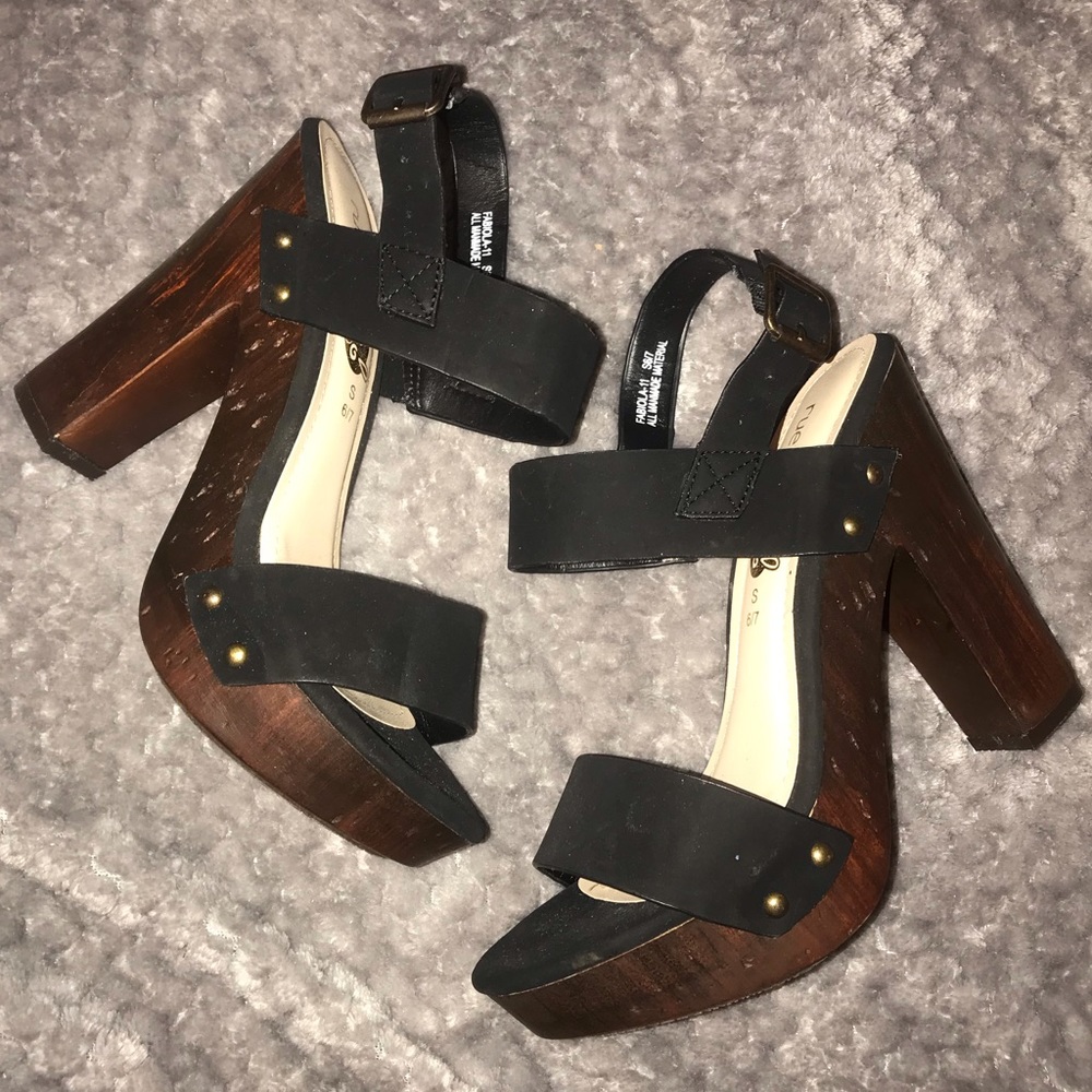 Black mock Suede wooden block heels